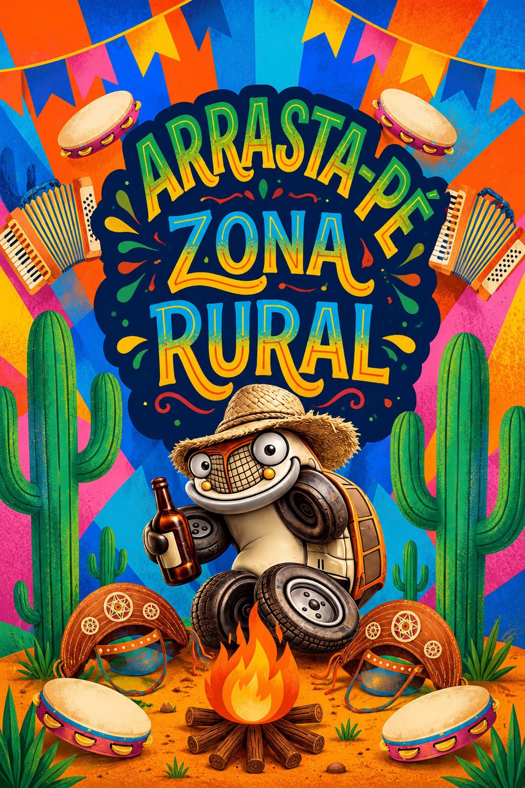 Arte oficial do Arrasta-Pé Zona Rural com sanfonas, pandeiros, fogueira e mandacarus
